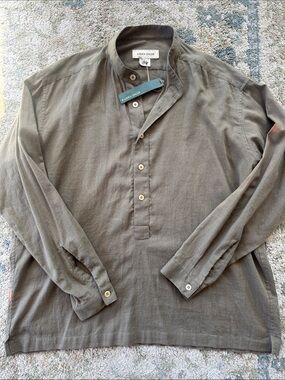 Loden Dager Olive Green Men's Band Collar Long Sleeve Popover Shirt L